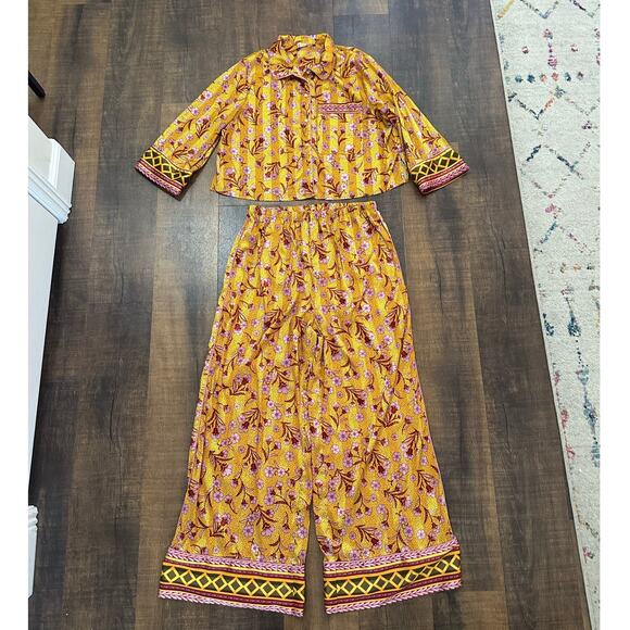 Free People Intimately Pajama Party Satin Gold Floral Set Sz L - Picture 1 of 10
